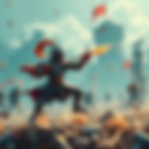 1-Bit Knight in Action A 1-bit knight character fighting enemies on a pixelated battlefield with various obstacles and strategies in view.