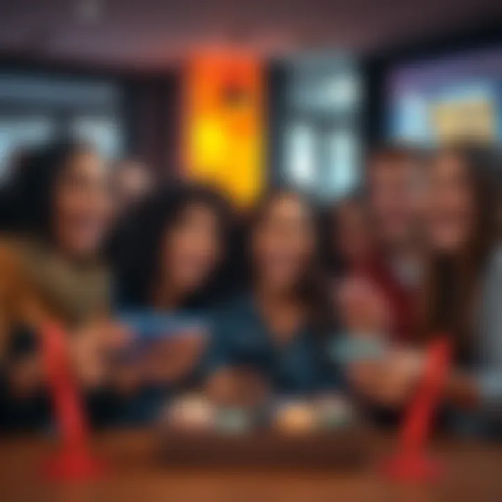 A group of friends competing in a trivia game, smiling and engaged with their devices, showcasing excitement and challenge.