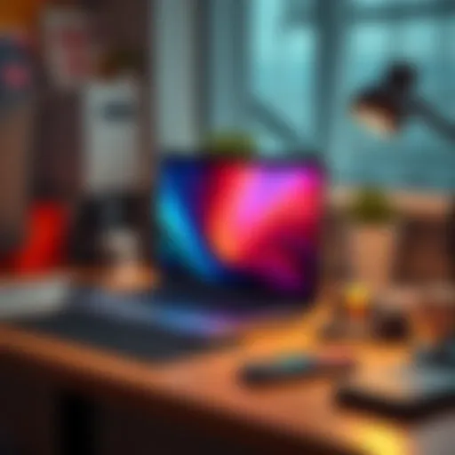 A 14-inch laptop positioned on a desk with office supplies around it, illustrating a workspace setup for productivity.