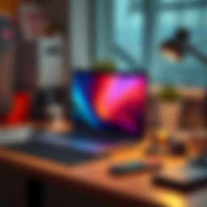 A 14-inch laptop positioned on a desk with office supplies around it, illustrating a workspace setup for productivity.