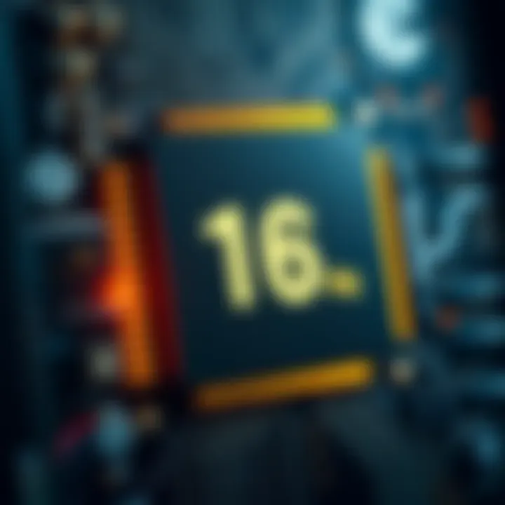 16-Thread Processor Performance A close-up of a computer processor with 16 threads highlighted, depicting high-performance computing at 64 Giga computations per second.