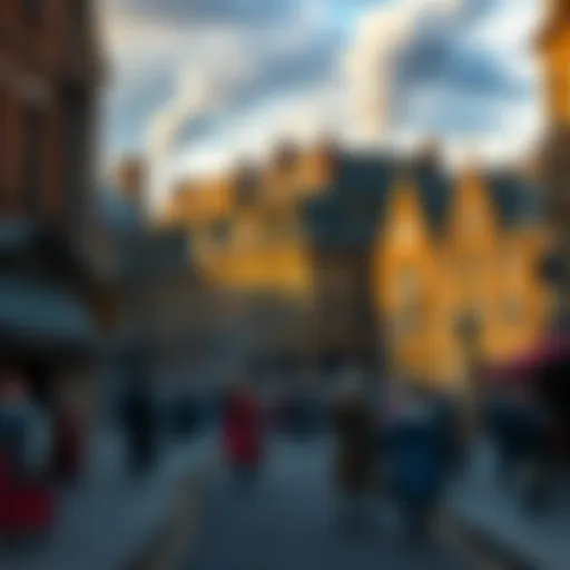 A busy street scene in 1666 London, featuring people in period clothing and historic buildings with smoke rising in the background.