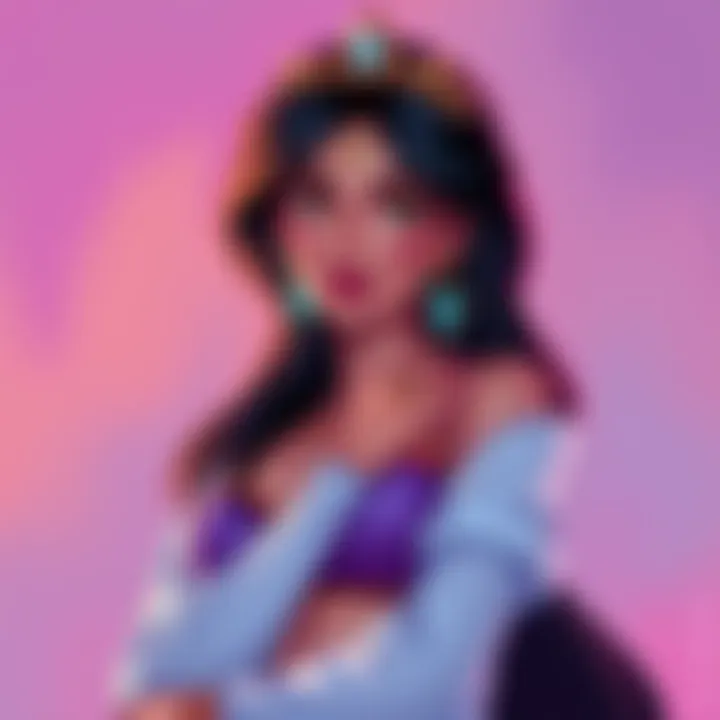 An artistic representation of a mature Princess Jasmine character, featuring a stylish outfit and confident pose, set against a vibrant background.