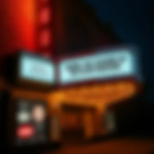 Classic 1940s movie theater with neon lights and marquee sign showcasing a film title