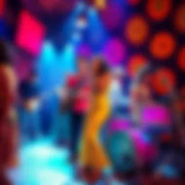 A lively scene showcasing 1960s fashion with young people dancing and playing music, surrounded by psychedelic patterns and vibrant colors.