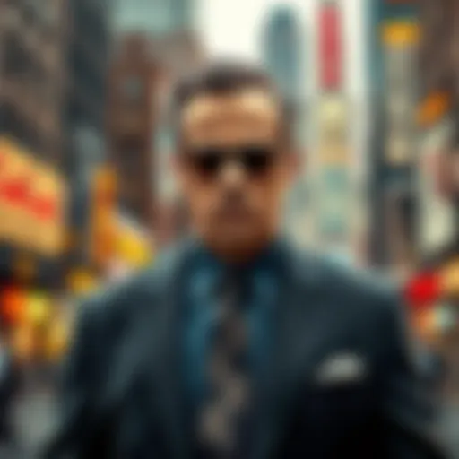 A 1972 New York City mobster wearing a sharp suit, standing in front of a bustling urban backdrop, exuding confidence and authority.