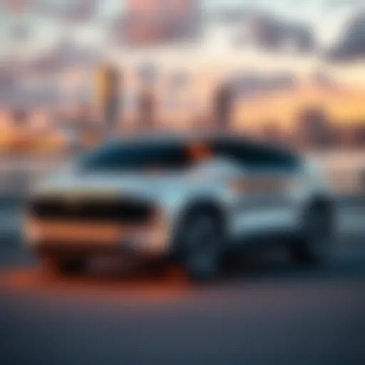 A sleek 2026 Lucid Gravity SUV parked with a modern cityscape in the background, showcasing its luxury design and three-row seating.