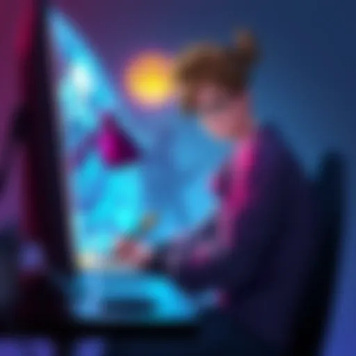 A 2D artist designing character art for a turn-based RPG game, showcasing vibrant colors and stylized characters.