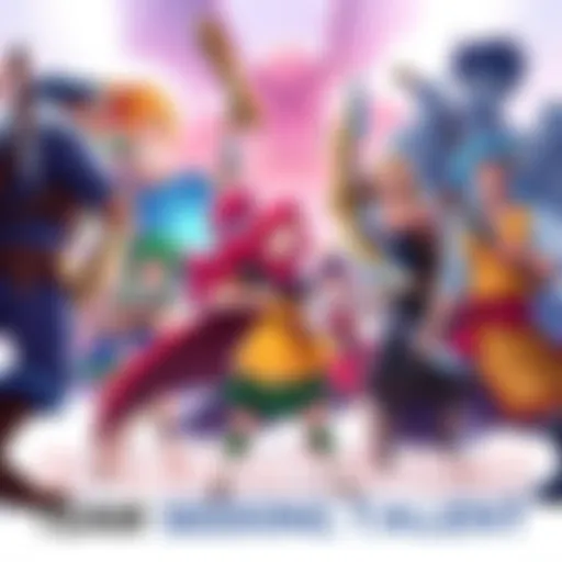 A vibrant concept art illustration showing a diverse group of fantasy characters from a strategic role-playing game, designed in a colorful style, inspired by classic games, showcasing strong line art and gesture poses.