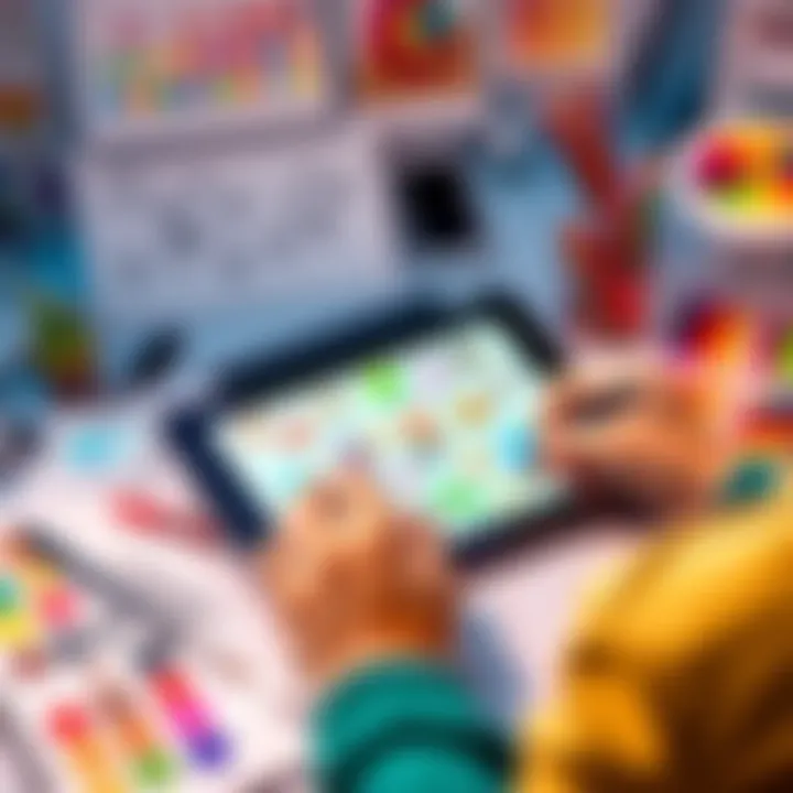 A beginner artist drawing colorful 2D sprites on a digital tablet with a stylus, surrounded by sketchbooks and color palettes