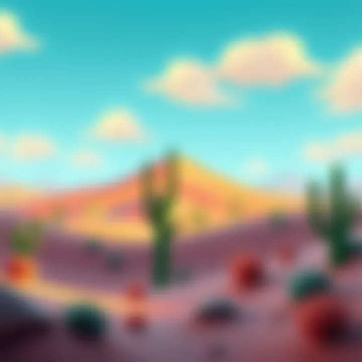 A colorful 2D desert landscape featuring cacti and dunes, inspired by side-scrolling games