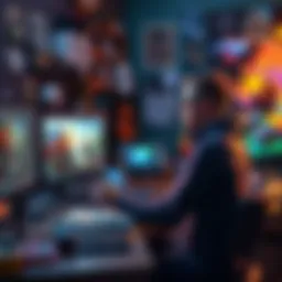 A 2D artist working on digital illustrations for a video game project, surrounded by art tools and a computer screen displaying game design software.