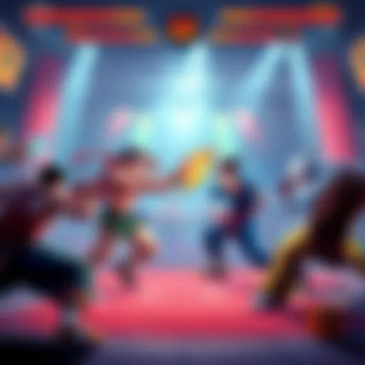 Colorful characters battling in a 2D arena, showcasing various fighting moves and animations