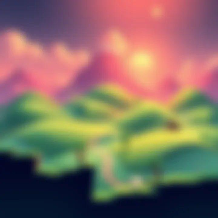 An inviting scene from a 2D indie platform game showcasing a colorful world with gentle hills and charming characters.