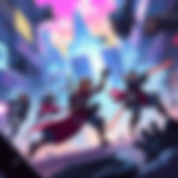 A colorful 2D scene showcasing characters in a sci-fi setting engaging in battle, with dynamic action and a vivid background highlighting queer themes.