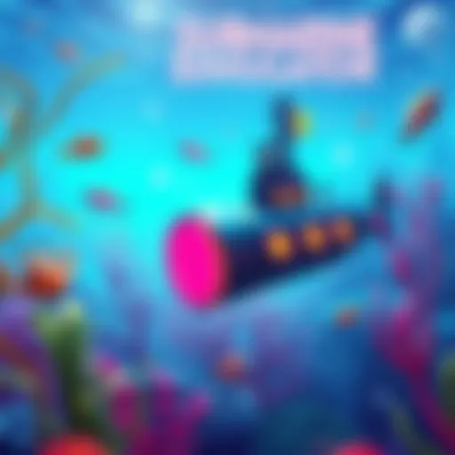 A colorful 2D image of a submarine navigating underwater, with various sea creatures and plants around.