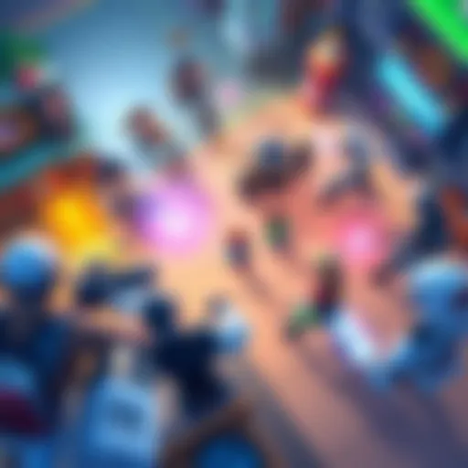 A vibrant 2D top-down view of characters in action, showcasing animations and dynamic movements in a colorful game environment.