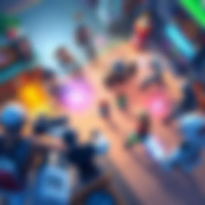 A vibrant 2D top-down view of characters in action, showcasing animations and dynamic movements in a colorful game environment.