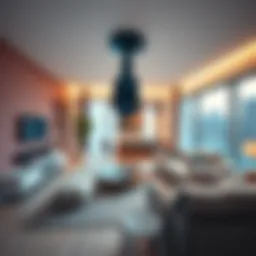 A person installs a 360-degree camera in a modern living room at home, capturing daily activities.