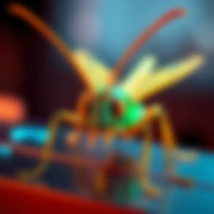 A detailed 3D model of a locust created in Blender, showcasing vibrant colors and intricate design features.