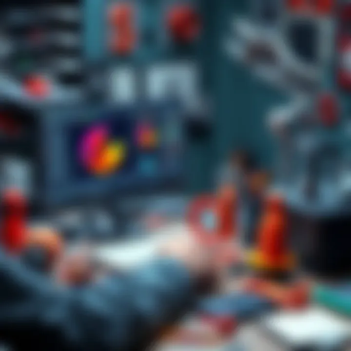 A designer working on a 3D model using advanced software on a computer, surrounded by 3D printed objects and design tools.