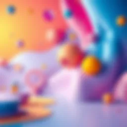 A vibrant 3D scene showcasing toon shaders and grease pencil techniques in Blender, featuring lively colors and creative shapes.