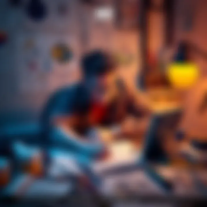 A self-taught 3D artist sits at a desk surrounded by sketches and digital art, looking pensive and tired, symbolizing job loss and burnout