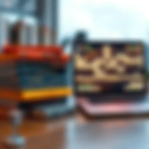 3D Game Engine Books Books stacked on a desk with a laptop displaying a 3D game engine interface