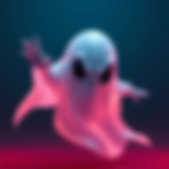 A 3D modeled ghost character with a translucent body and haunting expression, ideal for animation.