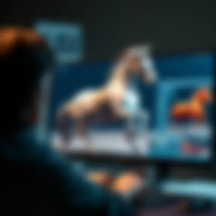 Artist creating a detailed 3D model of a horse on a computer screen, showcasing the design process.