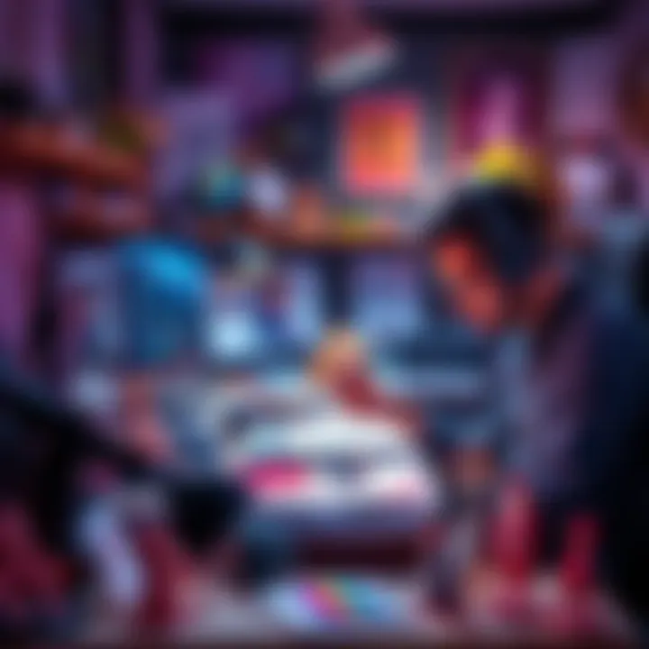 A 3D modeler sketches designs at a desk, surrounded by digital tools and models, contemplating commission strategies.