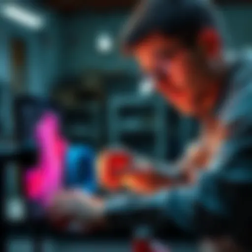 A person working on a digital 3D model, highlighting gaps and making adjustments for better printing results.