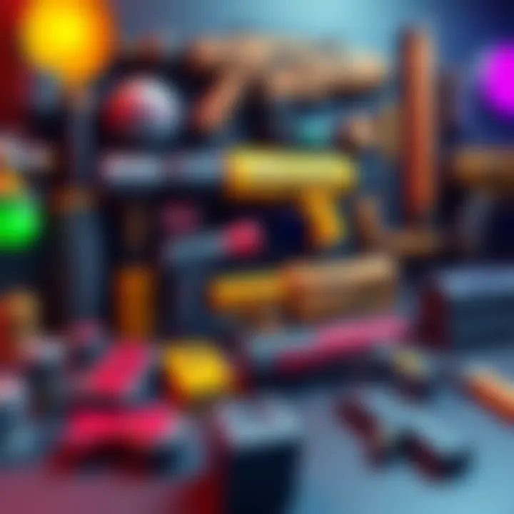 A vibrant concept illustration showing a variety of creative hard surface props like weapons and tools in a digital workspace, ready for modeling.