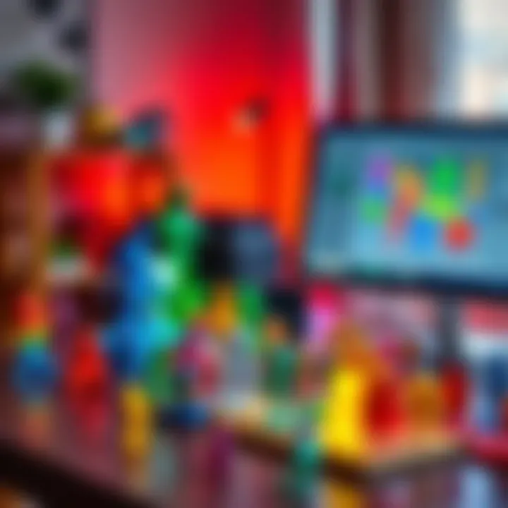 Colorful 3D prints of kids' figurines displayed on a table with a computer and design software open