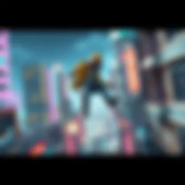 A character performing parkour moves in a vibrant urban environment with high buildings and obstacles.