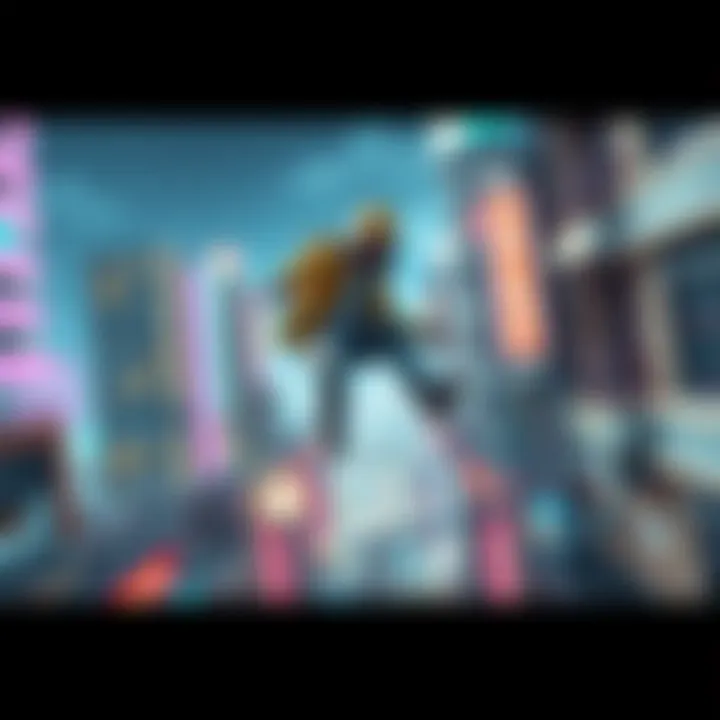 A character performing parkour moves in a vibrant urban environment with high buildings and obstacles.