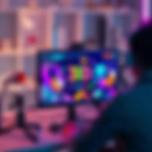 A digital artist designing a colorful 3D advertisement on a computer, with vibrant graphics and animated elements visible on the screen.