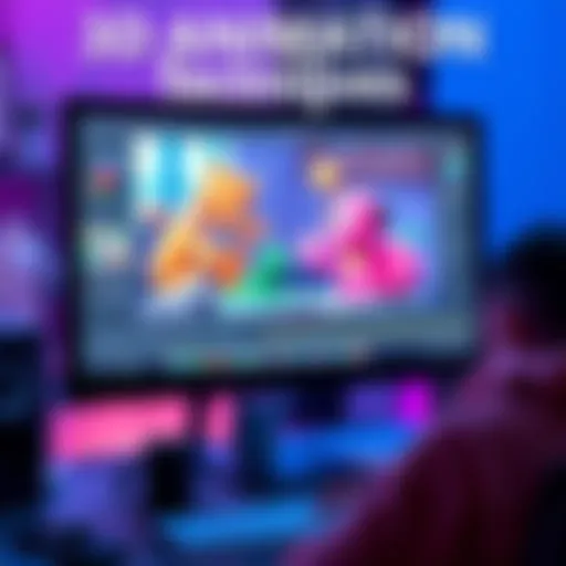 A detailed view of a computer screen showing 3D animation software with vibrant graphics and models being adjusted.