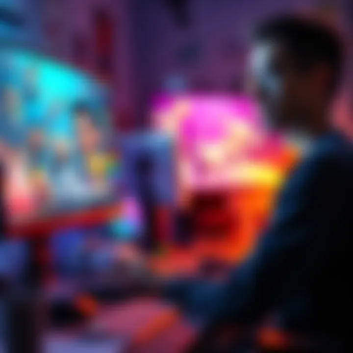 A person working on a computer with 3D animation software, showcasing vibrant animated characters and effects on the screen.