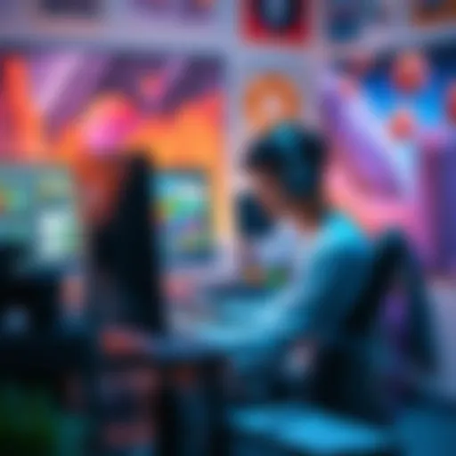 A young artist sits at a computer, creating 3D models with software tools, surrounded by colorful textures and environment designs.