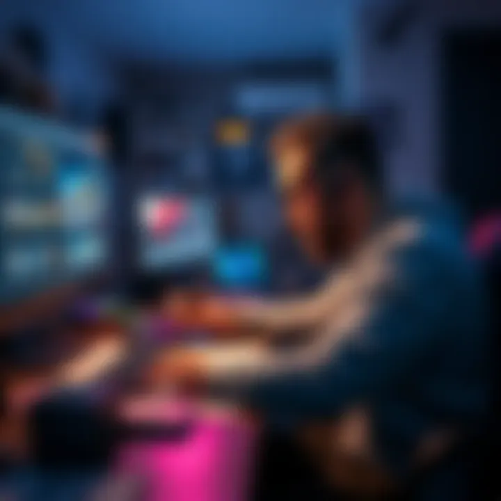 A 3D artist focused on modeling characters for a video game, surrounded by design software and sketches.