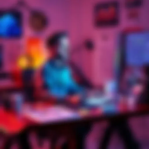 A 3D artist sitting at a desk, focused on creating digital art on a computer, with sketches and design tools around