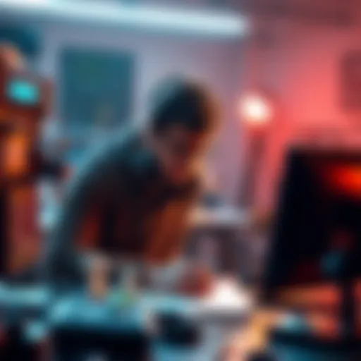 A focused 3D artist creating a detailed model on their computer, showcasing their artistic skills in a competitive environment