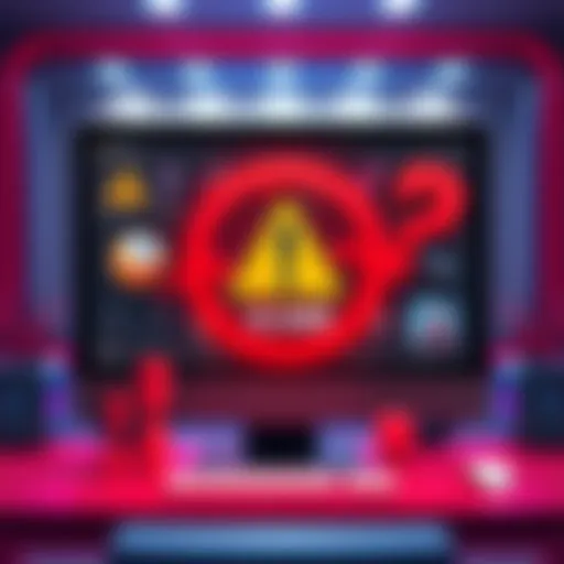 A computer screen showing 3D asset designs with a warning sign and question marks around it, representing concerns about scams in the market.