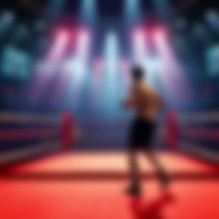 An artist's concept of a 3D boxing simulator showing a boxing ring, a boxer in action, and game interface elements for user feedback.