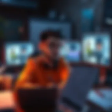 A 3D character artist looking at their portfolio with a concerned expression, surrounded by sketches and digital screens showing character designs.