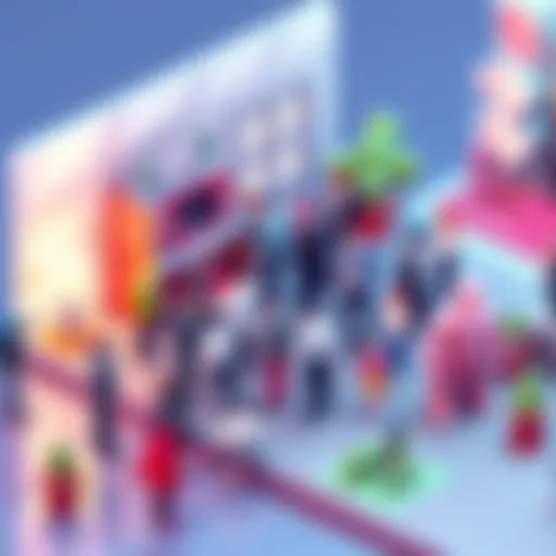 Group of lowpoly characters animated and arranged in a colorful 3D isometric environment