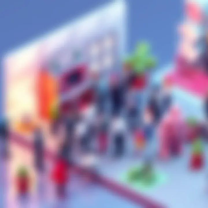 Group of lowpoly characters animated and arranged in a colorful 3D isometric environment