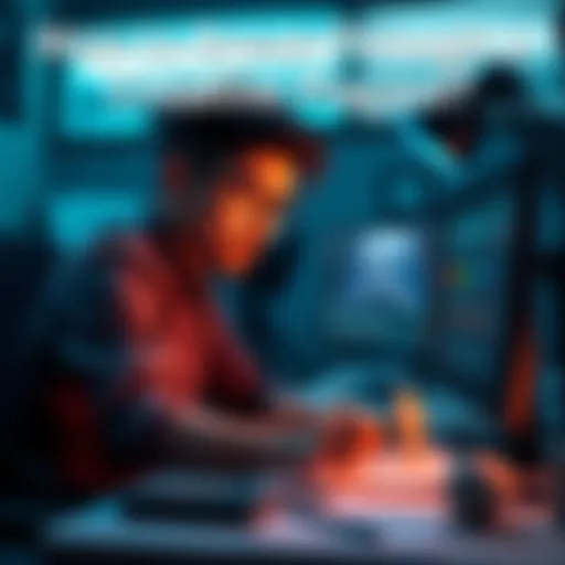 A designer focused on creating a 3D model on a computer, with sketches and tools around them.