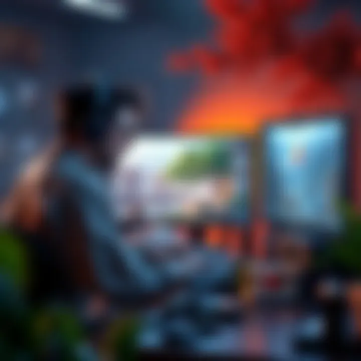 A 3D artist using software on a computer to create a detailed environment scene